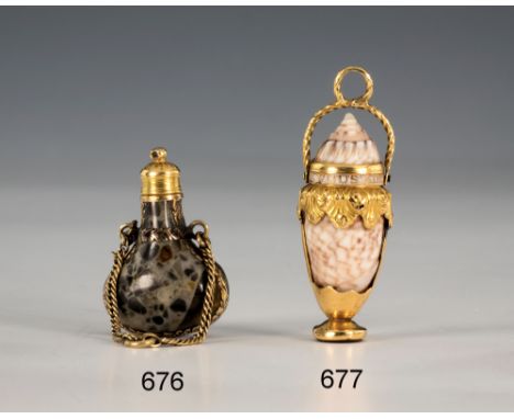 A rare 19th century French gold, enamel and shell love token, the shell with a hinged lid and hinged suspension loop, the cov