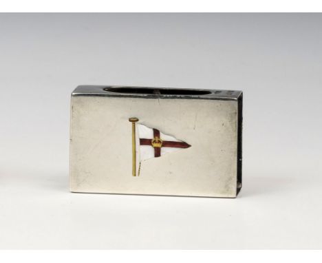 A silver and enamel matchbox holder - yachting interest, H. S. Benzie, London 1934, the centre with enamel 'Royal Yacht Squad