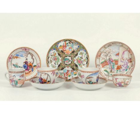 A small collection of Chinese export porcelain Mandarin pattern tea ware, late 18th century, comprising a pair of cups and sa