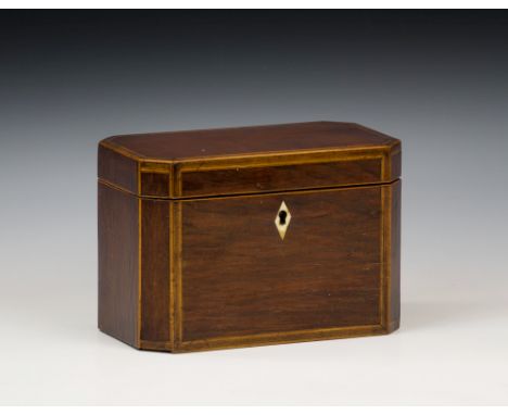A Regency partridge wood tea caddy, c.1800, of small proportions, rectangular form with canted corners, inlaid with ebony & b