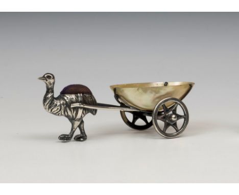 A late Victorian novelty silver emu cart pin cushion, Adie & Lovekin, Birmingham 1909, mark rubbed, of small proportions, the