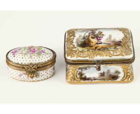 A Meissen style porcelain patch box, 19th century, rectangular form with waisted sides, domed hinged lid with Watteau-esque s