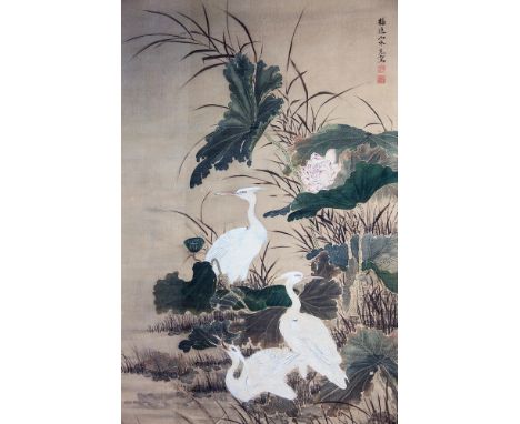 A Japanese watercolour painting on ecru silk depicting three egrets, framed, probably early 20th century, one swallowing a fi