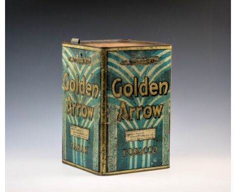 A vintage Golden Arrow Tobacco advertising dispensing tin, with embossed Golden Arrow Land Speed Record car motifs on strikin