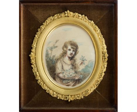 A miniature pen and ink and watercolour portrait of a young girl, 19th century, half length, holding a bundle of picked flowe