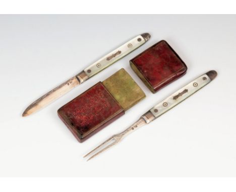 A silver travelling knife and fork set, early 19th century, twin tine fork with chased decoration, knife decorated to spine, 