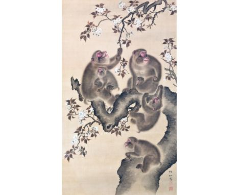 A finely painted late 19th / early 20th century Japanese painted pale peach silk wall hanging, framed, depicting two adult ma