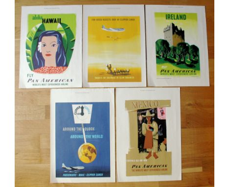 Five miniature 1950s Pan-Am travel posters after originals by Edward McKnight Kauffer, dated 1949-53, including 'Aloha Hawaii