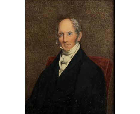 English School (19th century), A portrait miniature of a gentleman, half-length, dressed in a black jacket with white cravat,