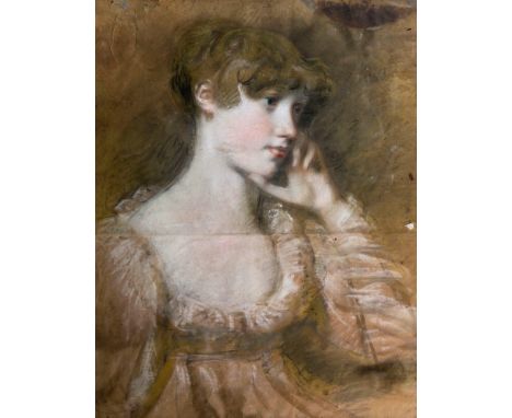 English School (late 18th / early 19th century), Portrait of a young lady, half length with her hand raised to her face, red 