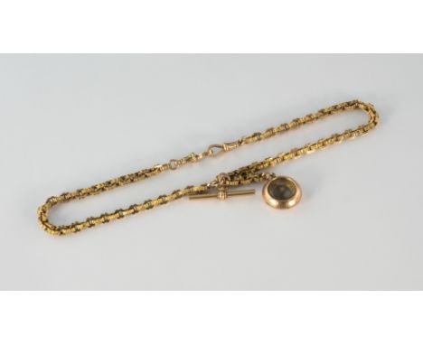 A 9ct two-colour rose and yellow gold fob chain, the fancy link chain with two fob clips and 9ct gold compass (compass a/f).