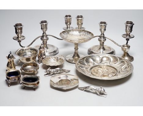 Sundry small silver including a Georgian salt, pierced tazze, sugar bowl, two small dishes, dwarf candlestick, a modern Royal