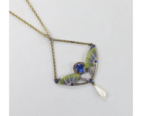 An early 20th century 800 gilt white metal, blue paste, plique a jour and freshwater pearl set drop pendant, width 41mm, on a