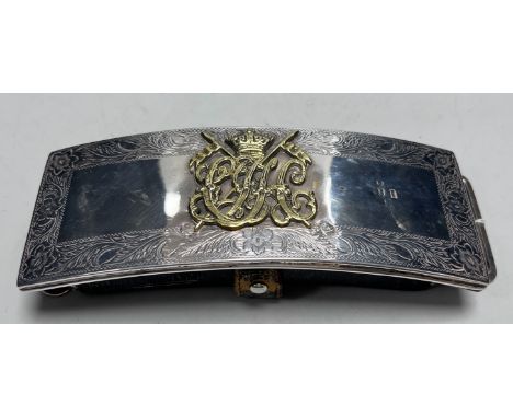 A late Victorian silver mounted leather ammunition pouch, with monogrammed applique, 18cm.