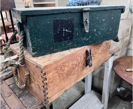A green painted wooden trunk, probably military issue, width 66cm, and a plywood and pine trunk, width 71cm *Please note the 