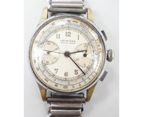 A gentleman's 1950's? stainless steel  Leonidas chronograph manual wind wrist watch, case diameter 35mm, on a stainless steel