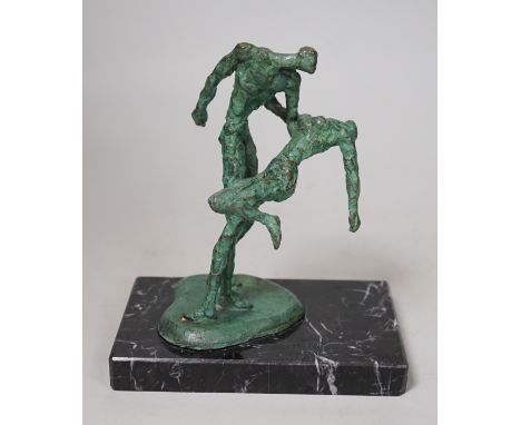 A bronze verdigris figure group of dancers, on marble plinth base, Alfa Arte label, 16cm tall