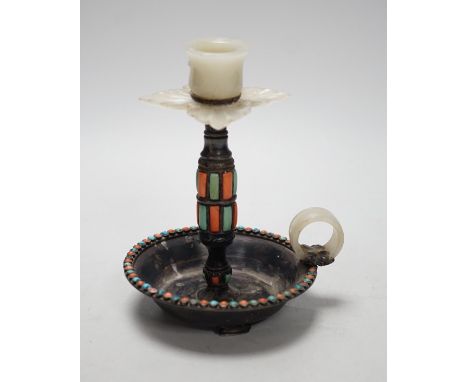 A Chinese white metal jade, coral and turquoise mounted chamberstick, late 19th century, the jade possibly earlier 15cm