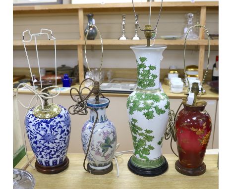 Four various Chinese ceramic lamp bases, tallest 55cms, not including light fitting