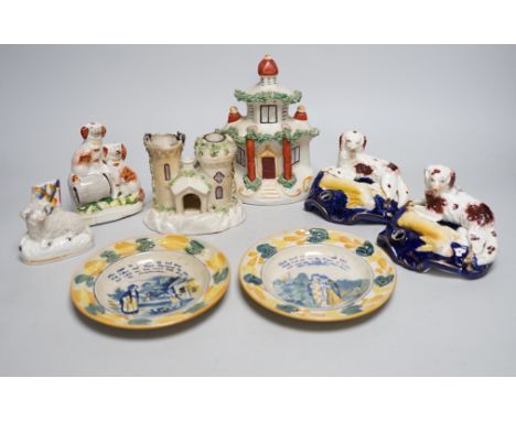 A pair of 19th century Staffordshire King Charles Spaniel pen holders and two pearl ware plates etc (8)