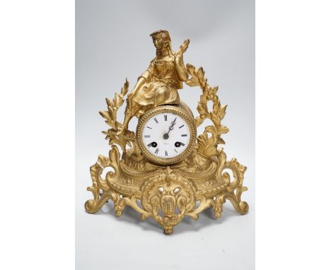 A French gilt metal figural mantel clock, 33cm high