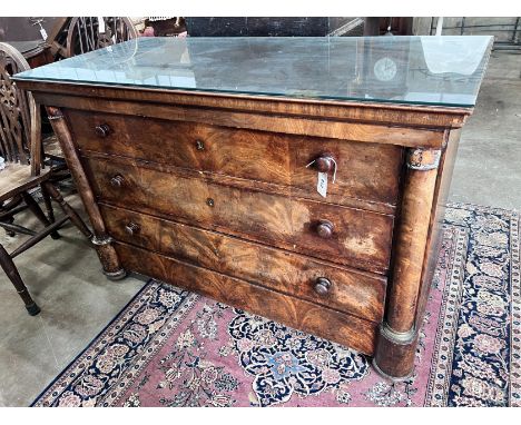 A 19th century French mahogany commode, fitted four long drawers, width 130cm, height 85cm *Please note the sale commences at