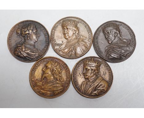 British Historical medals – Five bronze medals of Monarchs from the Kings and Queens of England by Jean Dassier, struck in 17
