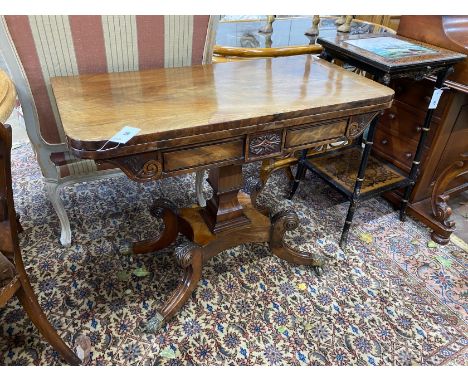 A Regency mahogany folding card table, width 92cm, depth 45cm, height 74cm *Please note the sale commences at 9am.