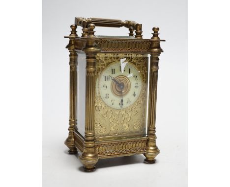 An early 20th century French brass and enamel carriage clock, 15cm