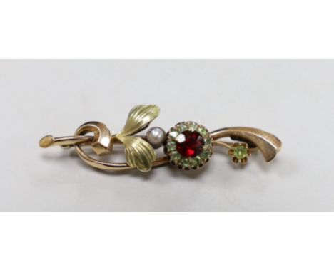 An early to mid 20th century Russian 56 zolotnik yellow metal, garnet? and split pearl set foliate brooch, 48mm, gross 4.3 gr
