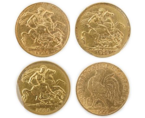 Two gold sovereigns, Victoria 1898M and Edward VII 1910, a George V half sovereign 1913 and a France gold 10 francs 1900 (tes