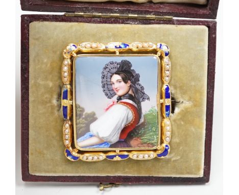 A cased Swiss? yellow metal, enamel and seed pearl mounted enamelled portrait brooch, 48mm, 13.8 grams.