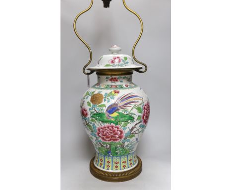 A Chinese vase and cover, converted to a two light lamp, 75cms high including fitting