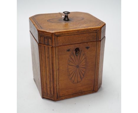 A George III octagonal shell marquetry tea caddy, 12.5cm high