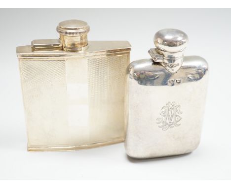 Two George V silver hip flasks, one with engine turned decoration, the latter William Base &amp; Sons, Birmingham, 1927, 10.7