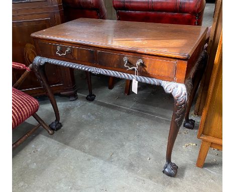 An early 20th century Chippendale revival mahogany two drawer side table, width 92cm, depth 52cm, height 71cm *Please note th