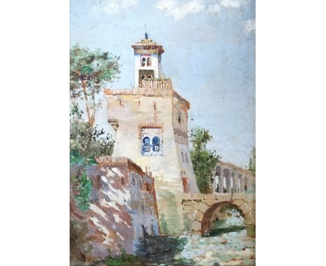 Italian School c.1900, oil on wooden panel, Tower and stone bridge, 20 x 14cm