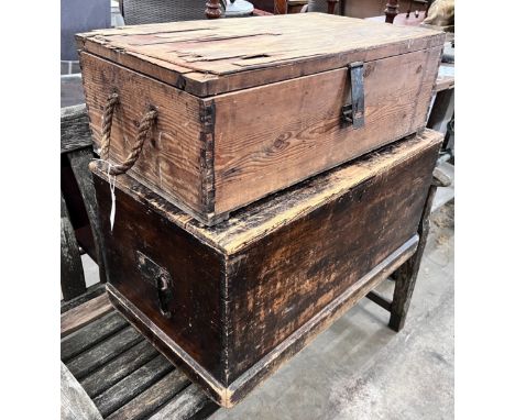 A stained pine trunk, width 77cm and a pine and plywood trunk, width 71cm *Please note the sale commences at 9am.
