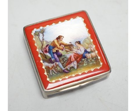 A German sterling white metal and enamelled square compact, 42mm.