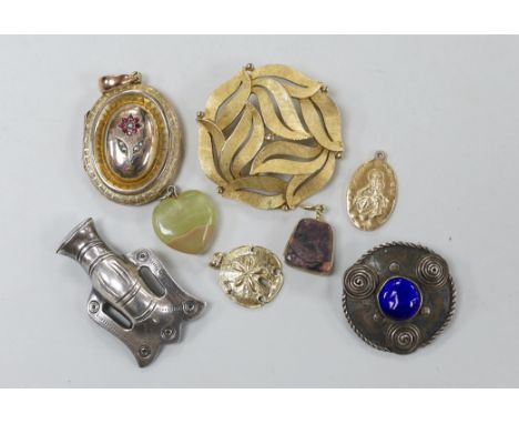 A yellow metal, ruby and seed pearl set oval locket, overall 49mm and six other items of sundry jewellery.