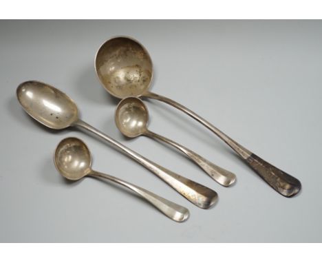 A late Victorian silver rat tail pattern soup ladle, basting spoon and a pair of ladles, by Josiah Williams &amp; Co, London,