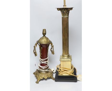 A Corinthian column lamp base and a two handled brass lamp base, tallest 60cms excluding light fitting