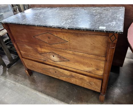 A 19th century continental fruitwood commode with grey marble top, width 122cm, depth 58cm, height 90cm *Please note the sale