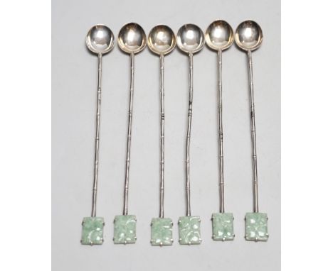 A set of six Chinese white metal and jade set iced tea spoons, by Wai Kee, 19cm.