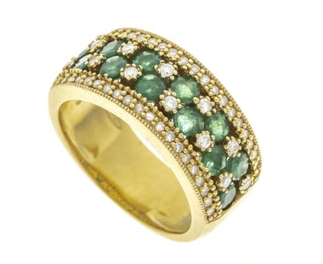Smaragd-Brillant-Ring GG 585/000 mit 12 rund fac. Smaragden 2,5 mm, 40 Achtkant-Diamanten und 12 Brillanten, zus. 0,32 ct l.g