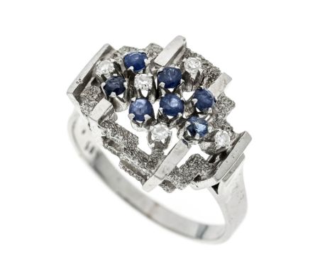 Saphir-Diamant-Ring um 1970 WG 585/000 partiell mattiert, mit 7 rund fac. Saphiren 2 mm Blau, transluzent und 5 Achtkant-Diam