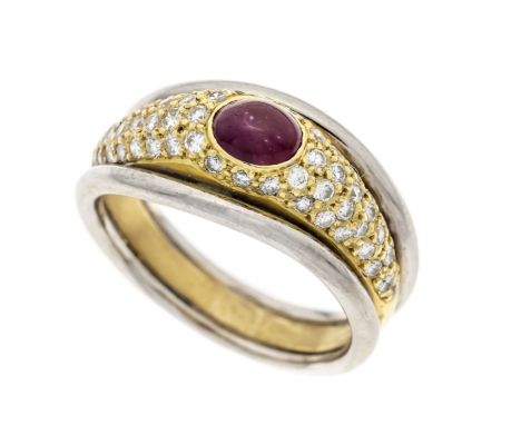 Rubin-Brillant-Ring WG/GG 750/000 mit einem ovalen Rubin-Cabochon 0,92 ct Rot, transluzent und Brillanten, zus. 0,75 ct TW/Lu