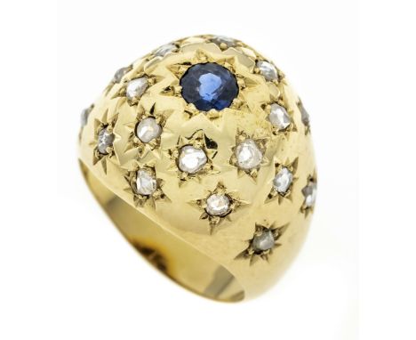 Saphir-Diamant-Ring GG 585/000 mit einem rund fac. Saphir 4,6 mm, transparent, Blau, wenig innere Merkmale und Diamantrosen, 