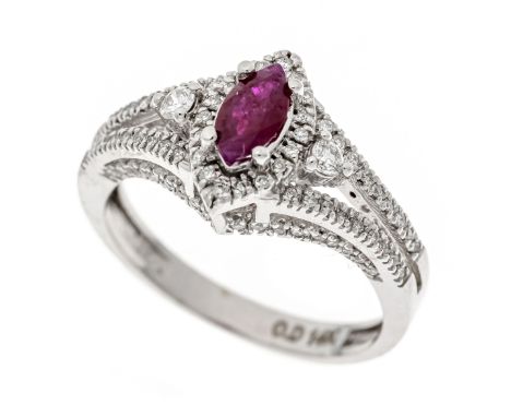 Rubin-Brillant-Ring WG 585/000 mit einem navetteförmig fac. Rubin 7,0 x 3,6 mm und 92 Brillanten, zus. 0,45 ct l.get.W-W/SI-P