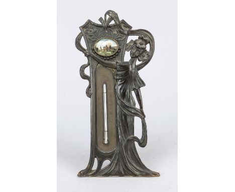 Thermometer, Frankreich um 1900. Zink bronziert. Typischer Jugendstildekor, halbplastisch ausgearbeitet eine Dame eine Säule 